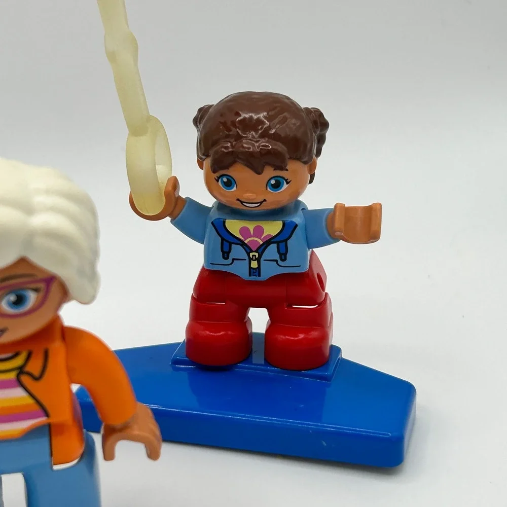 LEGO Duplo Figures Lot 3 Characters Boy Girl Woman with Red Balloon and Stands